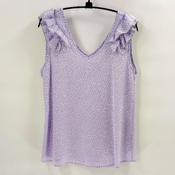 Jodifl Purple and White Pullover Blouse Size Small Ruffle Shoulder Sleeveless - Picture 1 of 6